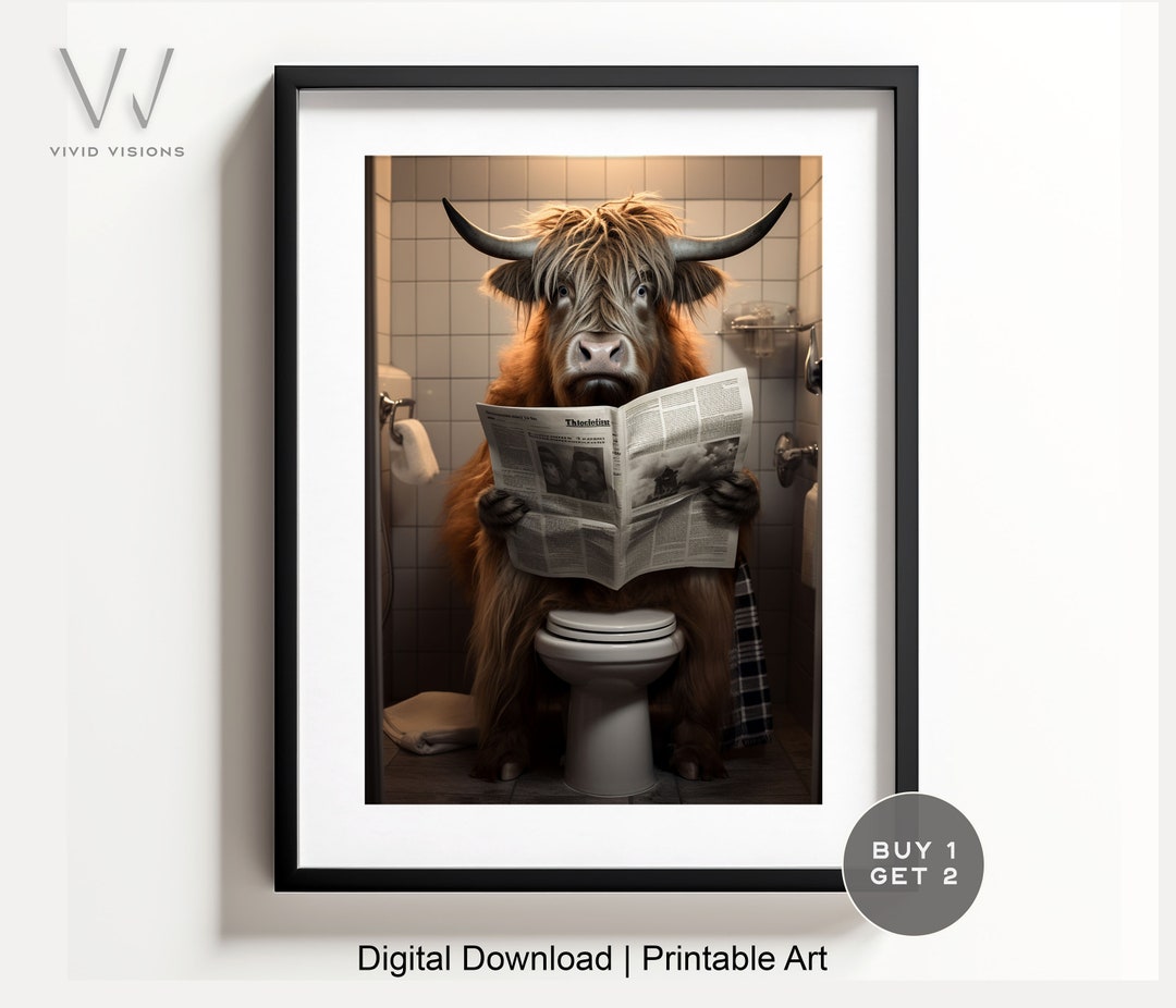 Highland Cow Sitting on the Toilet Reading | Funny Bathroom Art ...