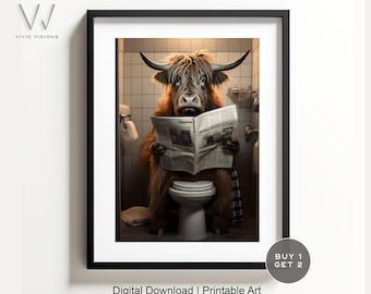 Highland Cow Bathroom Print | Funny Animal Toilet Art (Digital Download)