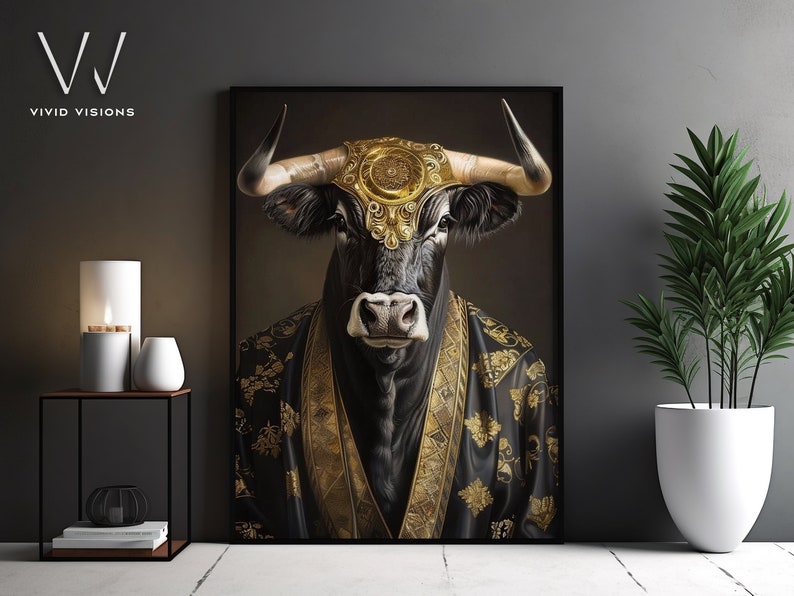 Modern Bull Portrait - Stylish Animal Art - Bull in Gold Embellished ...
