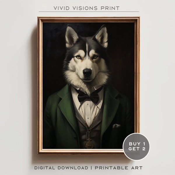 Vintage Aristocratic Husky Dog Portrait in Suit - Unique Renaissance Painting - Quirky Animal Art Lovers- Printable Digital Art. #117