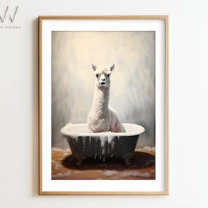 Llama in a Vintage Bathtub, Cottage Rose Bath Style, Animal Bathroom Art, Rustic Bath Style, Bathroom Wall Art, Unframed Art. #886
