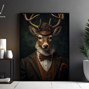 May include: A digital art print of a deer wearing a brown suit, a brown bow tie, and a brown hat. The deer has antlers and a brown and white coat. The background is a dark green.