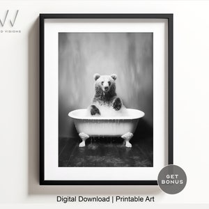 Bear in a Vintage Bathtub, Animal Bathroom Art, Rustic Bath Style, Bear in Tub, Bathroom Wall Art, Black & White, Digital Download. #832