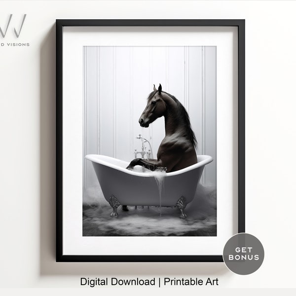 Whimsical Horse in Tub - Printable Wall Art | Horse Photography | Bathroom Decor | Christmas Vibes | Bathroom Print | Digital Download. #319