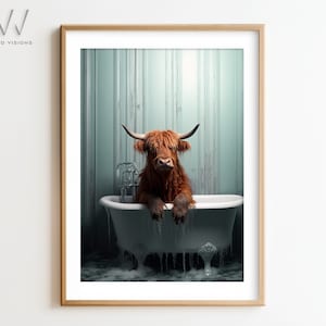 Highland Cow in a Vintage Bathtub, Animal Bathroom Art, Nursery Decor, Rustic Bath Style, Cow in Tub, Bathroom Wall Art, Unframed Art. #713