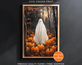 May include: A white ghost figure stands in a dark forest surrounded by a group of orange pumpkins. The pumpkins are carved with spooky faces. The image is painted in a realistic style.