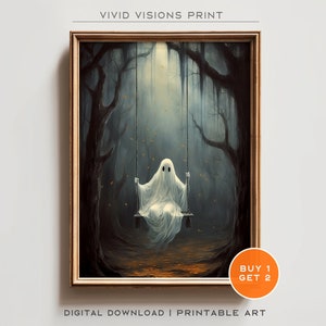Ghost on Swing Art Print - Halloween Decor - Dark Academia Painting - Halloween Wall Art, Ghost Forest Wall Art,  Digital Download. #374