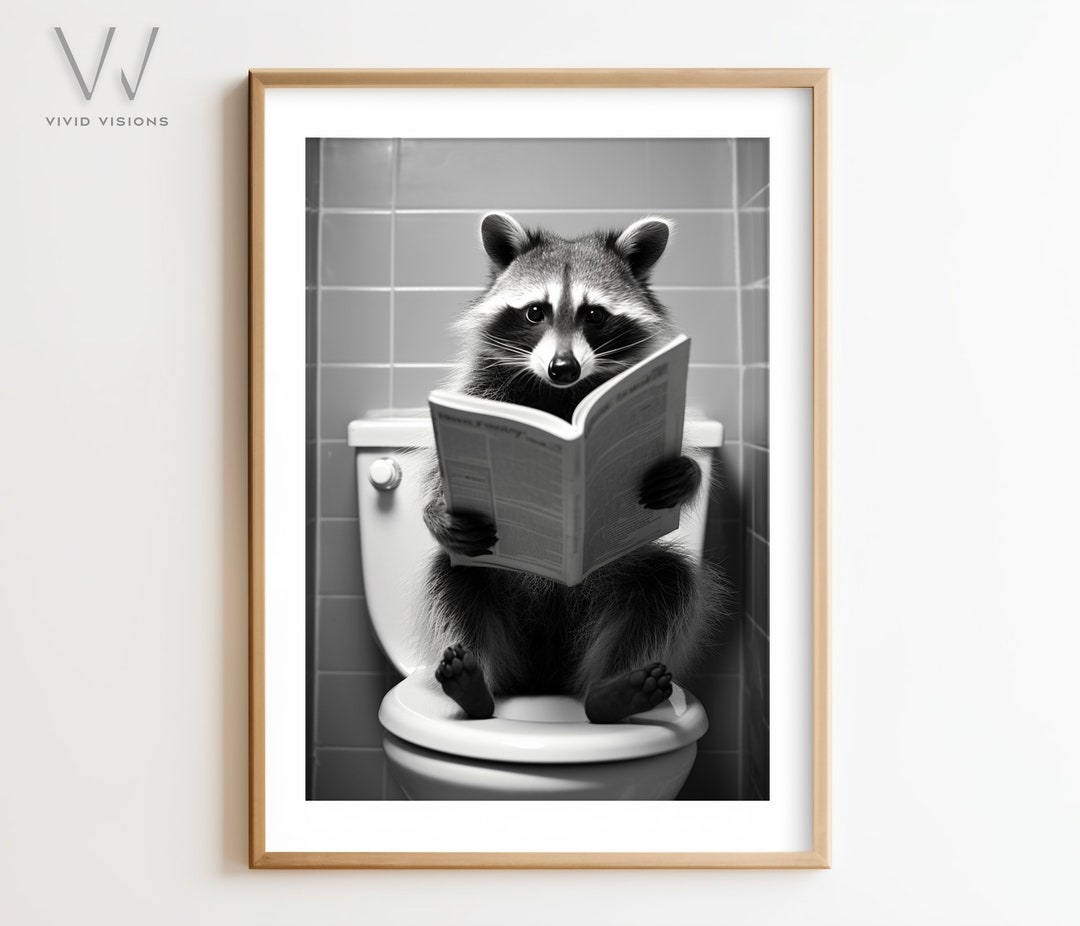 Adorable Raccoon Sitting on the Toilet Reading, Animal Bathroom Art ...