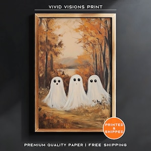 Three Ghosts in Autumn Forest Poster - Halloween Decor - Dark Academia - Fall Ghost Painting - Haunted Forest Scene - Unframed Art. #1432
