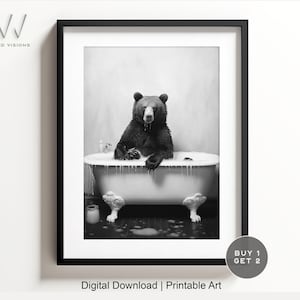 Bear in a Vintage Bathtub, Animal Bathroom Art, Rustic Bath Style, Bear in Tub, Bathroom Wall Art, Black & White, Digital Download. #840