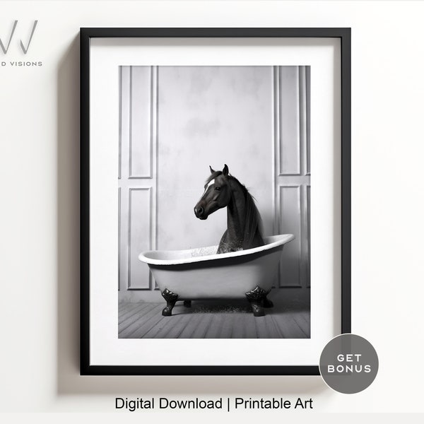 Whimsical Horse in Tub - Printable Wall Art | Horse Photography | Bathroom Decor | Christmas Vibes | Bathroom Print | Digital Download. #315