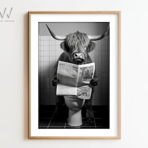 Highland Cow Sitting on The Toilet Reading | Funny Bathroom Wall Art | Animal Print | Bathroom Decor | Black & White | Bedroom Decor. #580