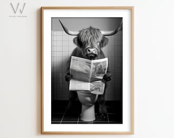 Highland Cow Bathroom Print | Funny Animal Reading on Toilet