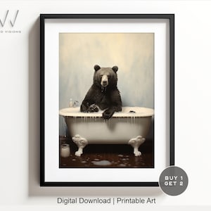 Bear in a Vintage Bathtub, Animal Bathroom Art, Rustic Bath Style, Bear in Tub, Bathroom Wall Art, Black & White, Digital Download. #839