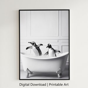 Playful Cute Penguins in Bathtub | Printable Penguin Wall Art | Penguin Photography | Bathroom Decor | Digital Download.#73