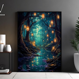 Spiritueller Wald Wand Kunst Druck - Laternen - Fantasy Malerei - Bäume und ein Fluss - Wohnzimmer Wand Drucke. #457