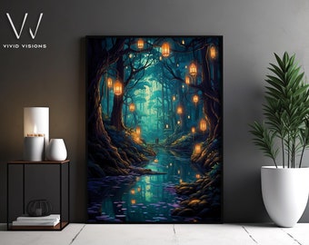 Spiritueller Wald Wand Kunst Druck - Laternen - Fantasy Malerei - Bäume und ein Fluss - Wohnzimmer Wand Drucke. #457