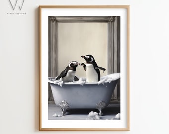 Penguins in a Vintage Bathtub, Animal Bathroom Art, Rustic Bath Style, Penguins in Tub, Bathroom Wall Art,  Unframed Art. #1150