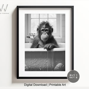 Whimsical Baby Monkey in Tub - Printable Wall Art | Monkey Photography | Bathroom Decor | Black & White | Digital Download. #220