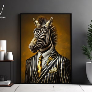 Chic Zebra in Striped Suit  - Modern Animal Art Print | Contemporary Animal Portrait | Unique and Stylish Wall Decor - Unframed Art. #1383