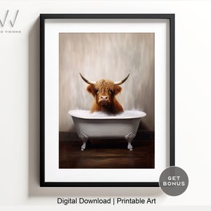 Highland Cow in a Vintage Bathtub, Animal Bathroom Art, Rustic Bath Style,  Bathroom Wall Art, Black & White, Digital Download. #831