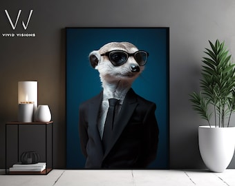 Modern Meerkat Portrait in Sunglasses - Meerkat in Black Suit  - Contemporary Wall Art - Vintage Style Poster Artwork - Unframed Art. #1333