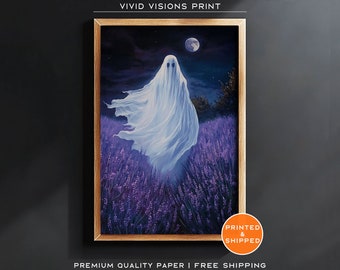 Ghost in Lavender Field Poster - Halloween Wall Art - Dark Academia Painting - Ghost Poster - Floral Decor - Unframed Art. #1420
