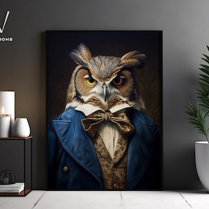 Viktorianisches Eulen-Porträt, Gothic Leinwand Wandkunst, Renaissance Malerei, Vintage Tierporträt-Plakat-Kunstwerk, ungerahmte Kunst. #1042