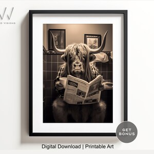 Highland Cow Sitting on The Toilet Reading | Funny Bathroom Wall Art | Animal Print | Bathroom Decor | Black & White | Digital Download.#271