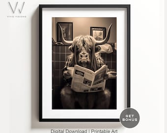 Funny Highland Cow Bathroom Print | Toilet Newspaper Art (Digital Download)