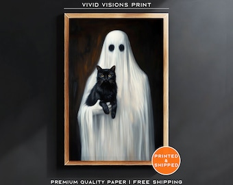 Ghost Holding Black Cat Poster - Halloween Decoration - Dark Academia Painting - Ghost Art Print - Vintage Poster - Unframed Art. #1404