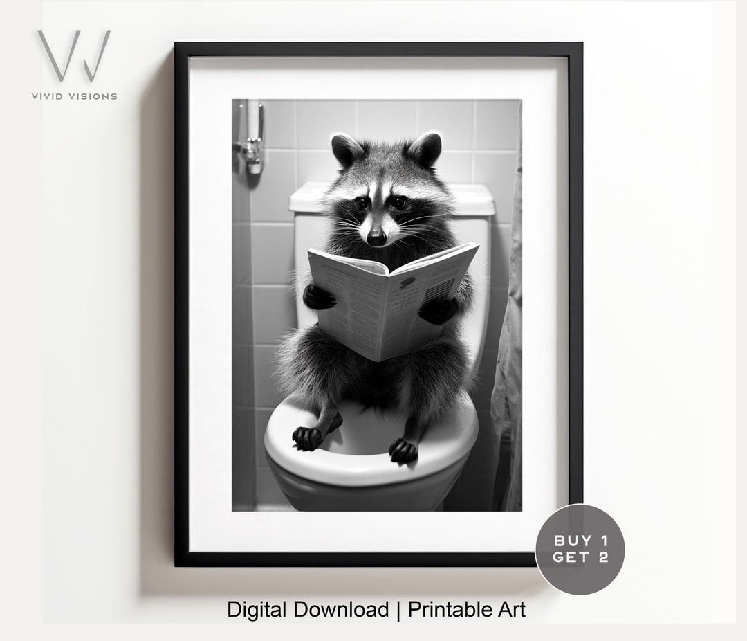Adorable Raccoon Sitting on the Toilet Reading, Animal Bathroom Art ...