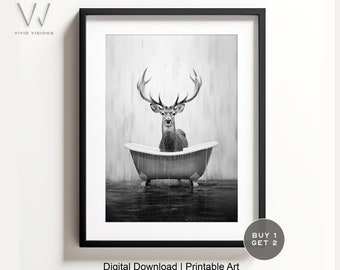 Deer in Bathtub Print, Rustic Bathroom Wall Art (Digital Download)
