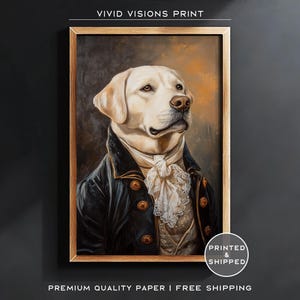 May include: A painting of a golden retriever dog wearing a black jacket with gold buttons and a white lace collar. The dog is looking to the right of the frame. The painting is in a gold frame.