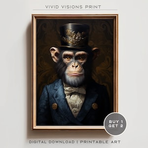 May include: A digital art print of a chimpanzee wearing a blue suit, a white bow tie, and a black top hat with gold accents. The background is a dark gold with a floral pattern. The text "BUY 1 GET 2" is in a circle at the bottom right of the image.