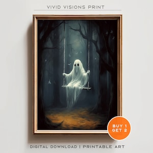 Ghost on Swing Art Print - Halloween Decor - Dark Academia Painting - Halloween Wall Art, Ghost Forest Wall Art,  Digital Download. #373