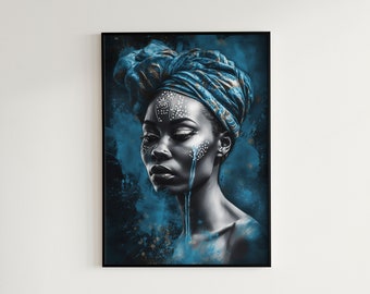Afrikaans vrouwenportret in blauw | Moderne abstracte kunst | ZWARTE poster | Hedendaagse muurprint | Digitaal DOWNLOAD | AFDRUKBARE kunst aan de muur. #51