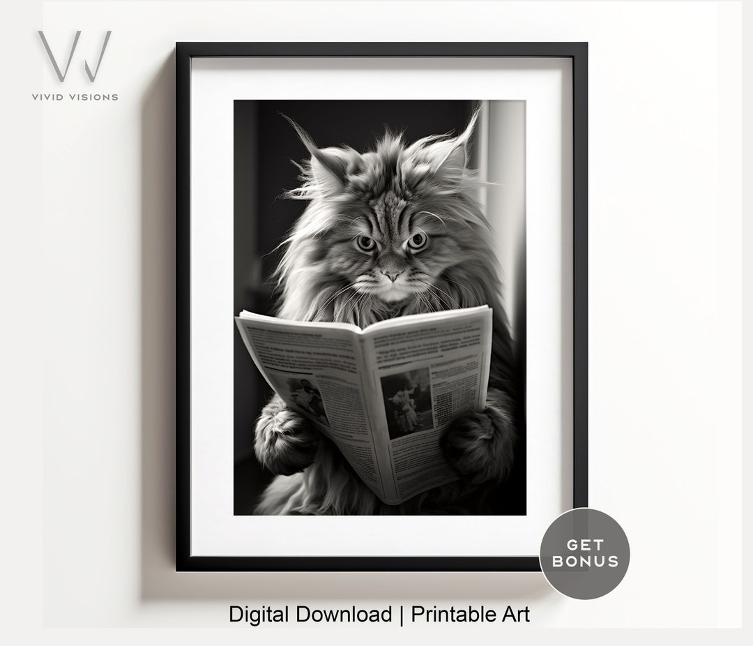 Cute Cat Reading a Newspaper | Funny Bathroom Wall Art | Animal Print ...