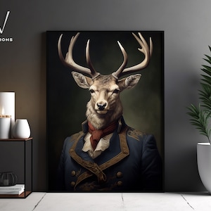 Retrato de ciervo victoriano - Arte de pared en lienzo gótico - Pintura renacentista - Póster con retrato de animal vintage - Arte sin marco. N.º 1066