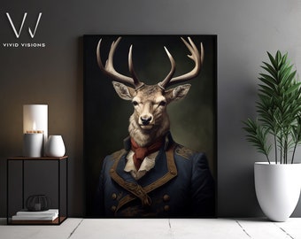 Victorian  Stag Deer Portrait - Gothic Canvas Wall Art - Renaissance Painting - Vintage Animal Portrait Poster Artwork - Unframed Art. #1066
