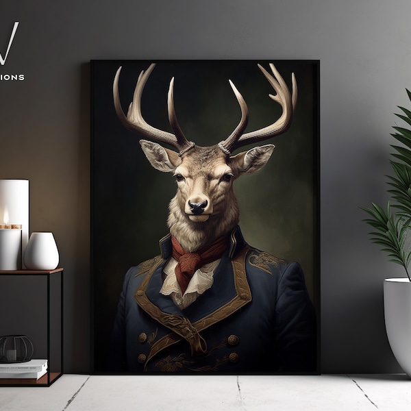 Victorian  Stag Deer Portrait - Gothic Canvas Wall Art - Renaissance Painting - Vintage Animal Portrait Poster Artwork - Unframed Art. #1066