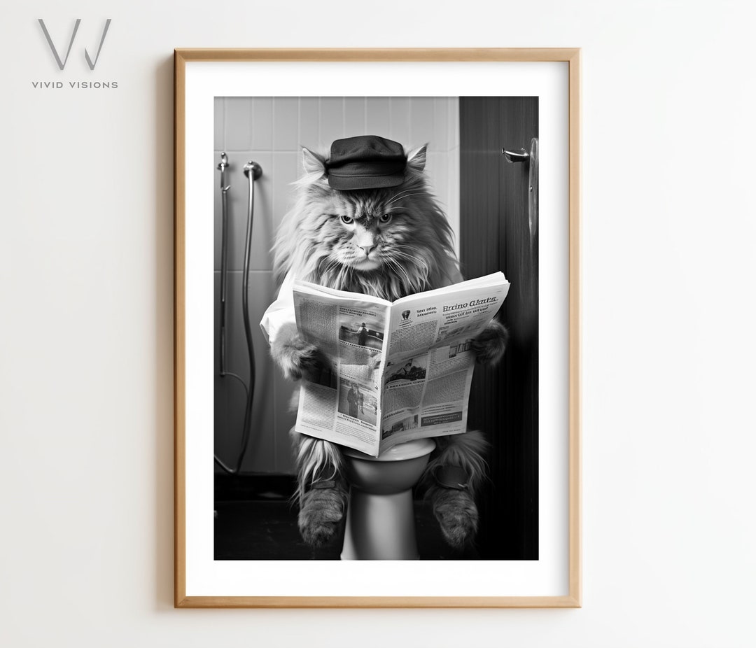 Cat Sitting on the Toilet Reading, Funny Animal Bathroom Art, Rustic