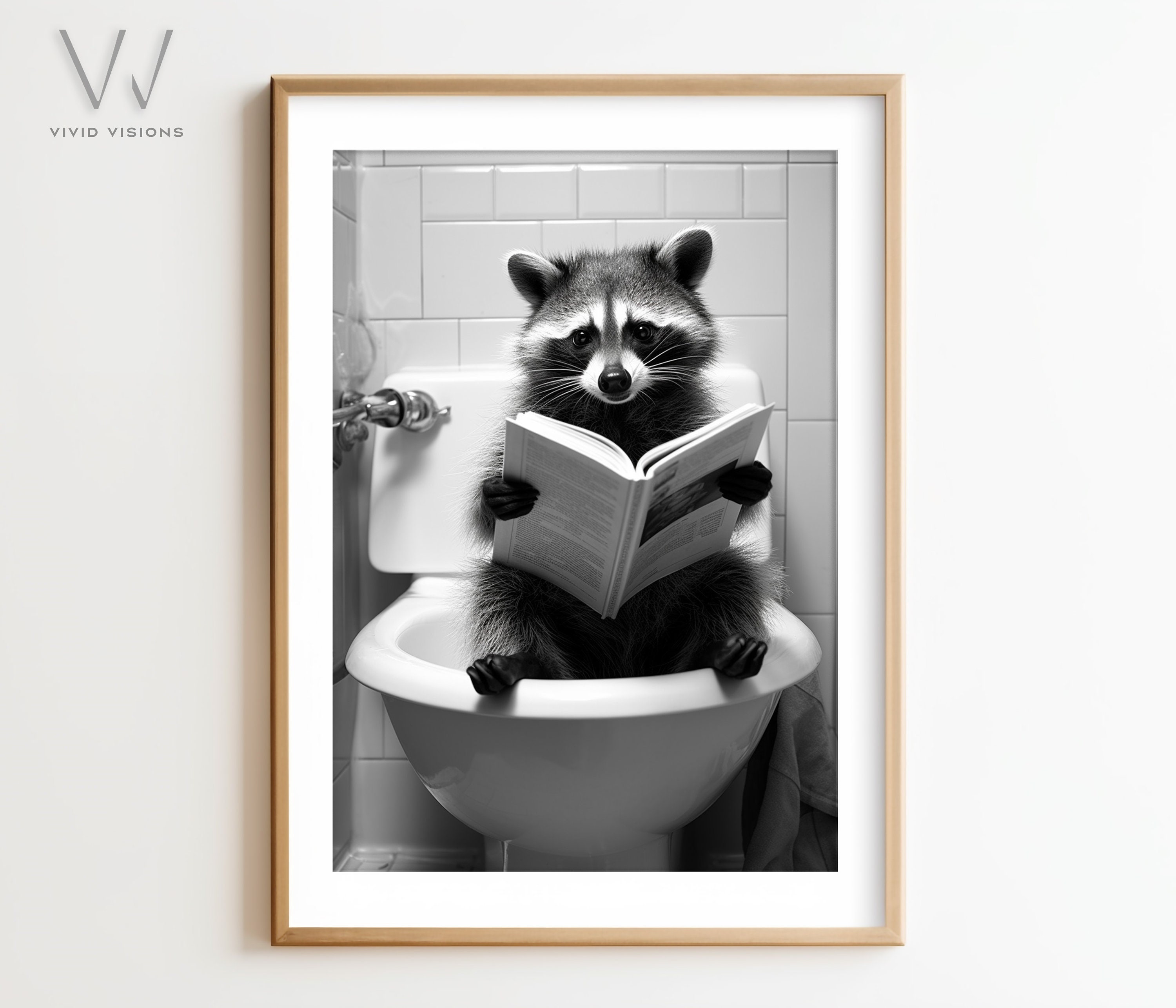 Adorable Raccoon Sitting on the Toilet Reading, Animal Bathroom Art ...