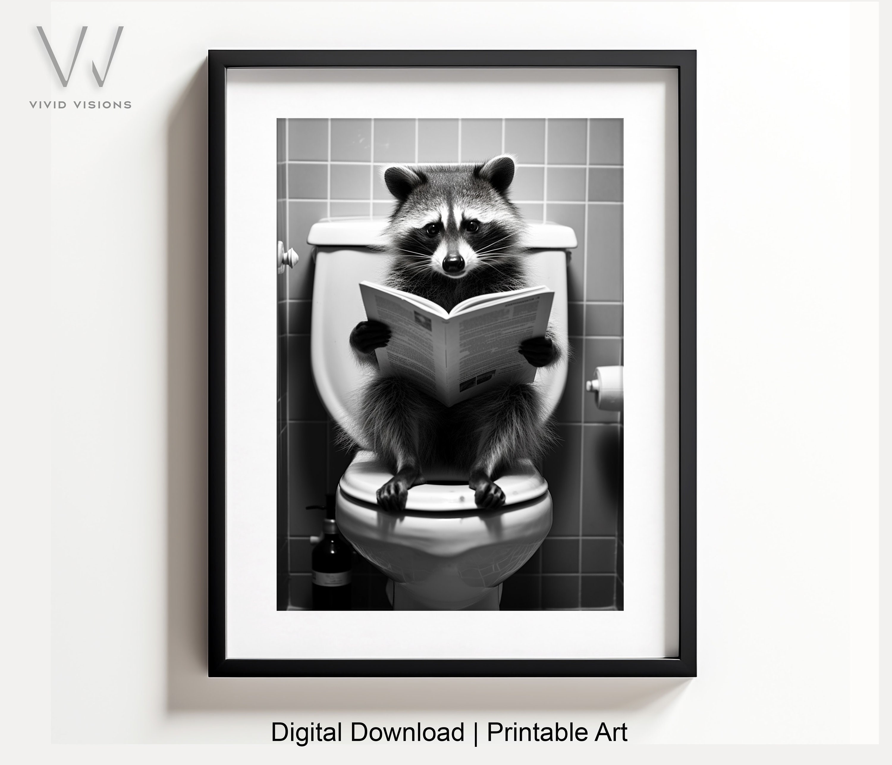 Adorable Raccoon Sitting on the Toilet Reading, Animal Bathroom Art ...