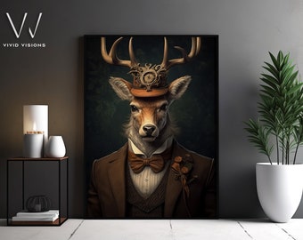Victorian  Stag Deer Portrait - Gothic Canvas Wall Art - Renaissance Painting - Vintage Animal Portrait Poster Artwork - Unframed Art. #569