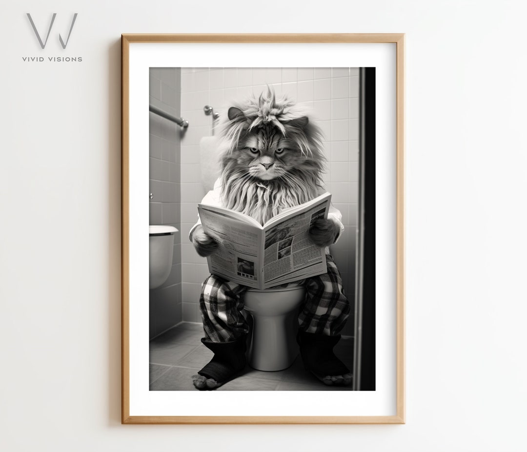 Cat Sitting on the Toilet Reading Funny Animal Bathroom Art Etsy