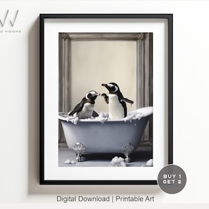 Penguins in a Vintage Bathtub, Animal Bathroom Art, Rustic Bath Style, Penguins in Tub, Bathroom Wall Art, Digital Download. #1172