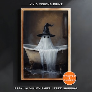 Vintage Gothic Ghost in the Bathtub Art Print - Halloween Bathroom Decor - Dark Academia Painting - Ghost Poster - Unframed Art. #1403