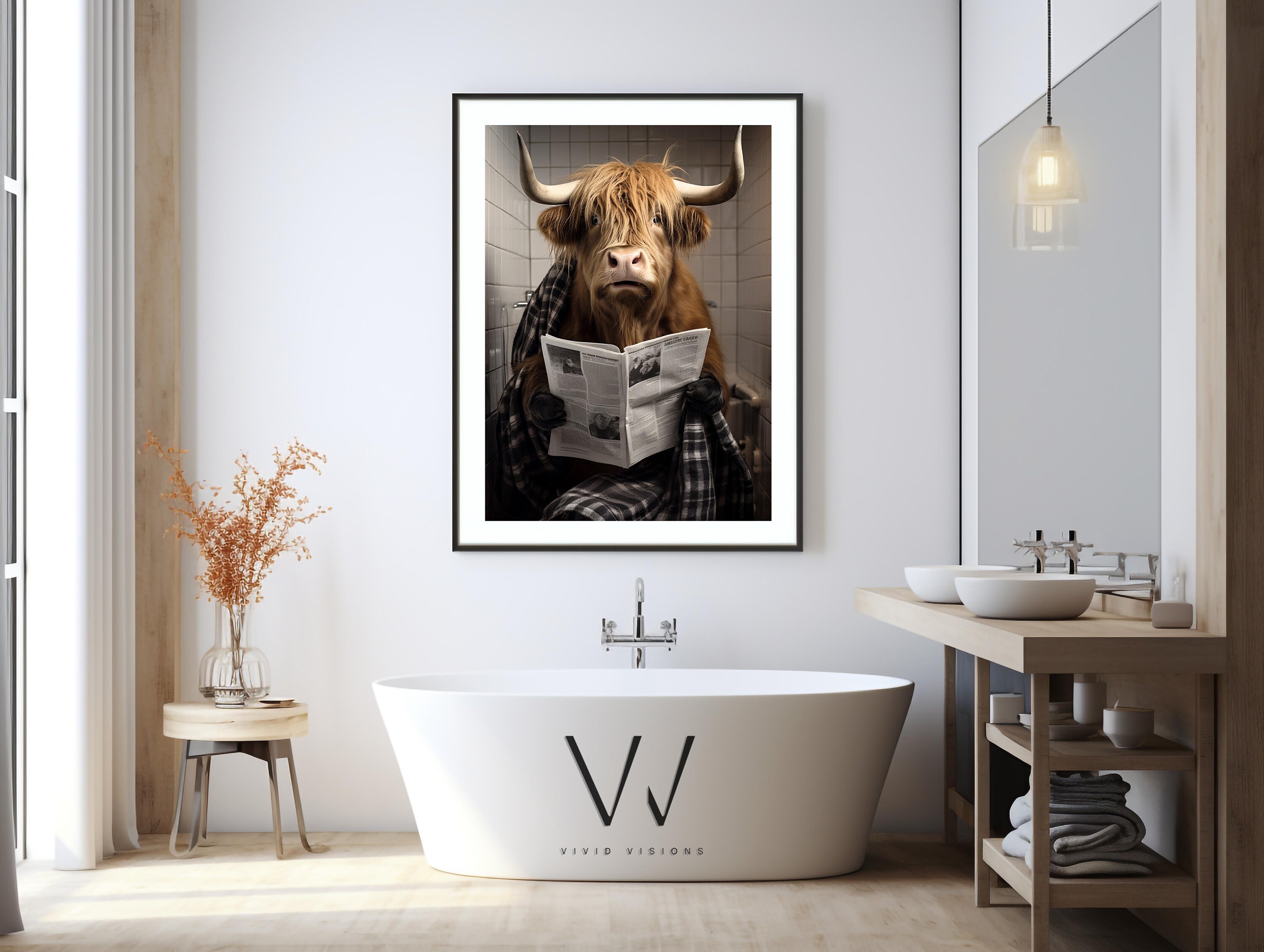 Highland Cow Sitting on the Toilet Reading | Funny Bathroom Wall Art ...
