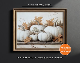 Póster rústico de cosecha de calabaza blanca - Arte mural de Halloween - Decoración acogedora de otoño - Impresión de granja de Acción de Gracias - Arte sin marco. N.° 1441
